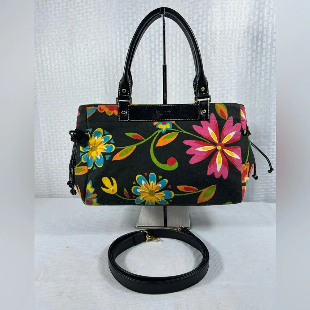 kate spade Black Floral Canvas Satchel with Pink, Yellow & Blue Flowers